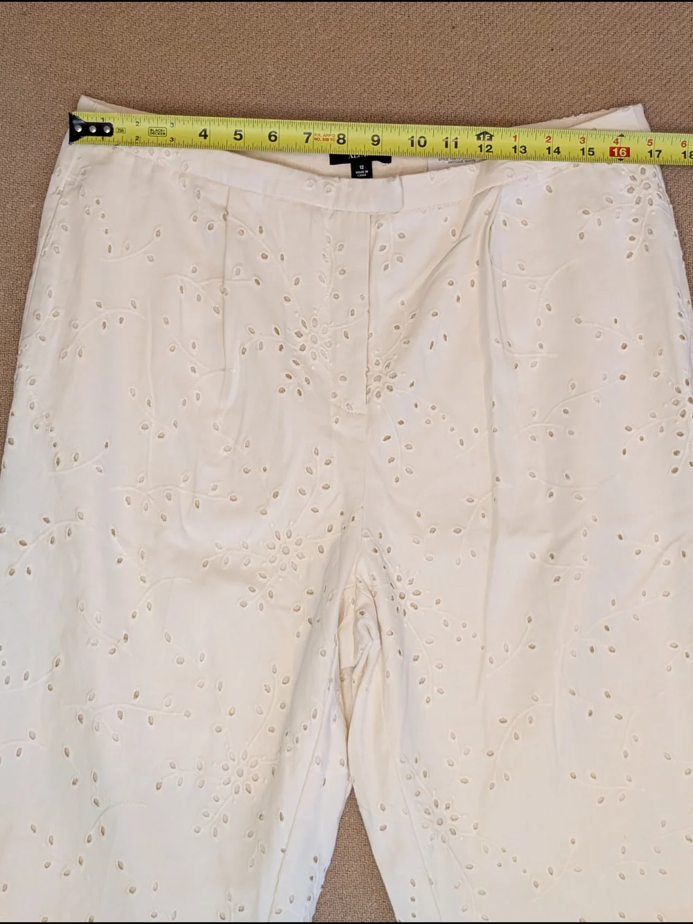 Alfani Cream Embroidered Eyelet Straight Leg Ankle Pants Cotton